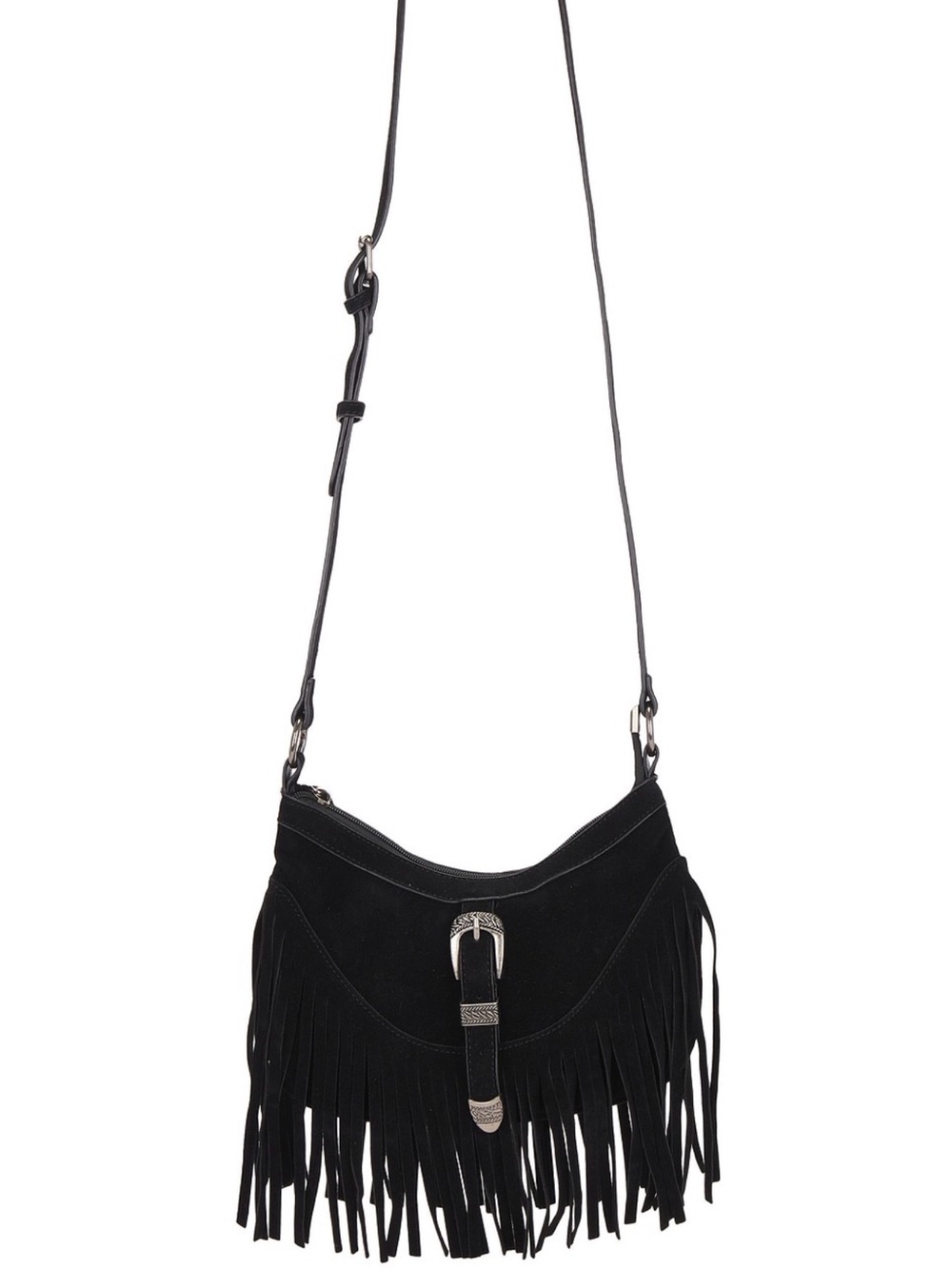 Petit Moments Black Suede Fringe Shoulder Bag with Western Buckle